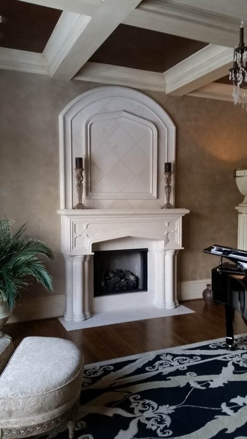 Custom Stansburry Cast Stone Fireplace Mantel with over mantel
